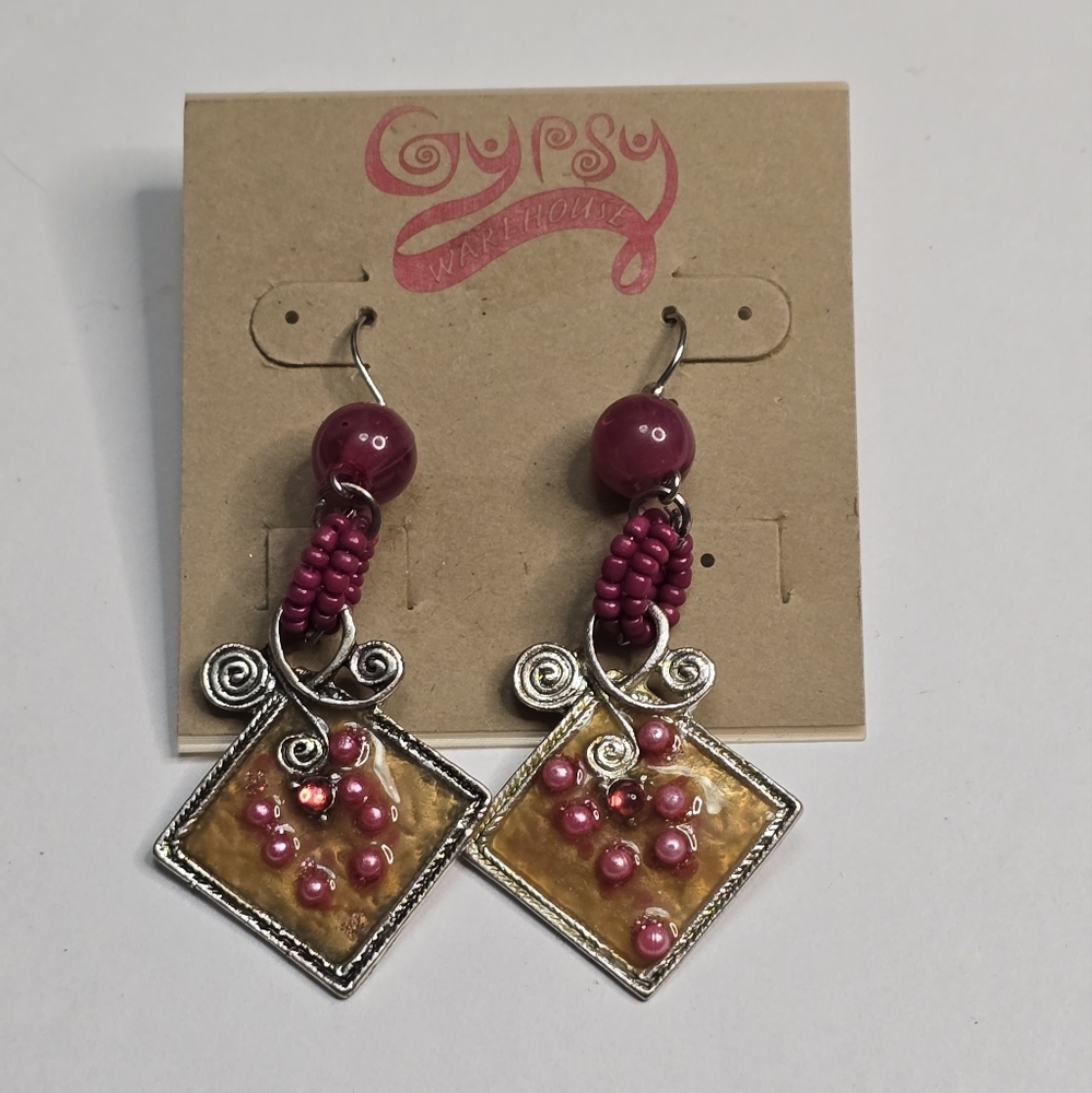 Treska Gypsy Pink Beaded Amber Resin Diamond Dangle‎ Earrings Boho Silver Tone